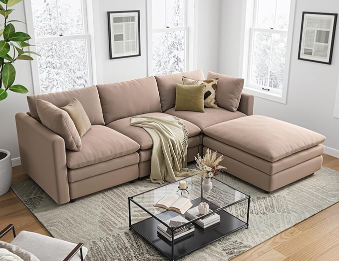 Txtin's Cloud Couches for Living Room L Shaped Sectional Couch with Ottoman Deep Plush 4 Seats Sofa Modern Sofa for Apartment Brown