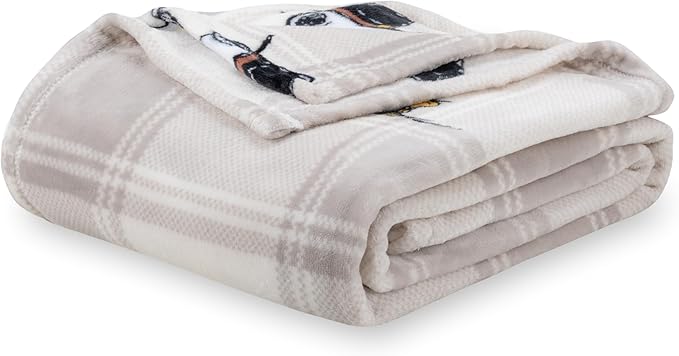 Berkshire Blanket Peanuts® VelvetLoft® Cute Character Snoopy Plush Blanket,Lakeside Plaid Harvest Snoopy and Woodstock Grey,Twin 60 in x 90 in (Official Peanuts® Product)