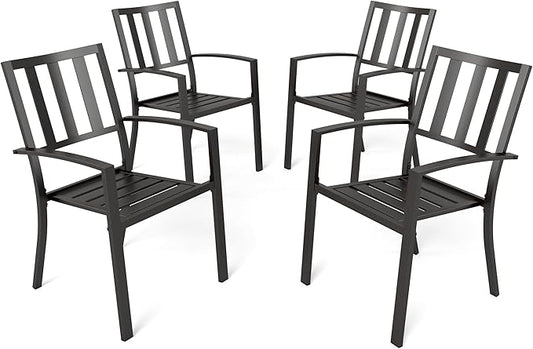 PHI VILLA Metal Outdoor Dining Chairs Set of 4 - Stackable Black Patio Chairs, 300lb Capacity (Stripe)