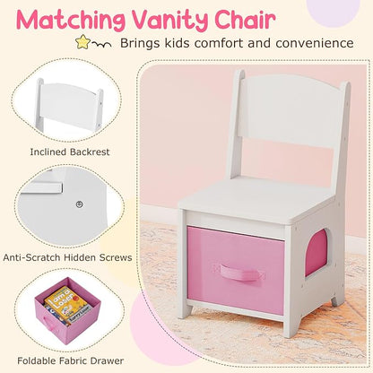 Costzon Kids Vanity, Girls Vanity Set with Lighted Mirror, Bookshelf, Drawers, Hooks & Storage Shelves, Toddler Makeup Vanity Desk Dressing Table, Wooden Kids Vanity Table and Chair Set (White)