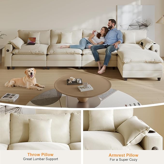 Cloud Couch, Modular Sectional Sofa with Ottoman, Charging Station, Throw Pillows, Cup Holders, Modern Convertible L Shaped Couches for Living Room, Bedroom (White, 152"- L Shape)
