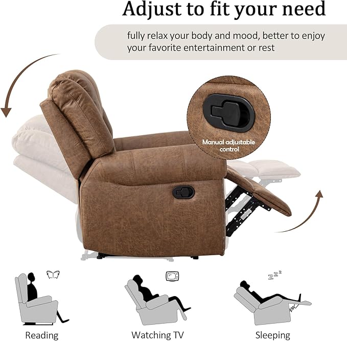 CANMOV Faux Leather Manual Reclining Sofa,3 Seat Recliner Couch Sofa with Overstuffed Comfortable Arms and Back for Living Room,Office,Nut Brown