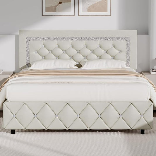 BarnFurin Queen Bed Frame with Diamond Tufted Headboard, Faux Leather Upholstered Bed with Wooden Slats Support, No Box Spring Needed, Mattress Foundation, Easy Assembly, Cream