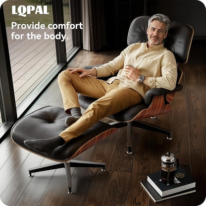 Top Black Grain Leather, Mid Century Chaise Lounge Chair and Ottoman, Modern Chair Classic Design, Palisander Wood, Heavy Duty Base Support for Living Room Office