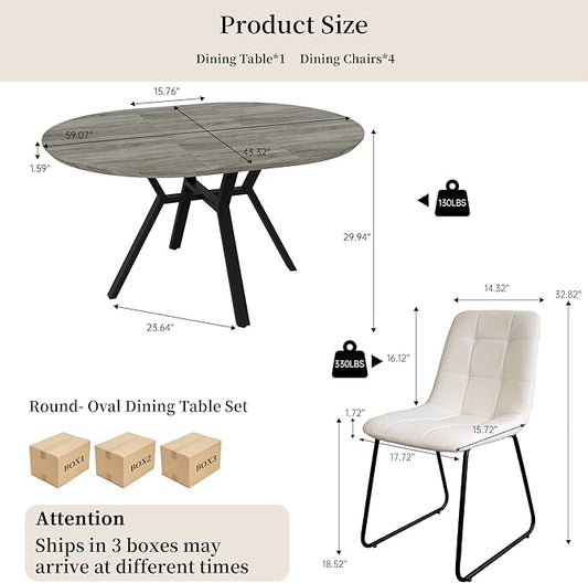 Extendable Round Dining Table Set for 4 People, 43.3"-59.1" Extendable Kitchen Table with 4 Upholstered Chairs, Space Saving for Kitchen Dining Room (Grey Table+4 U-Shaped White Chairs)