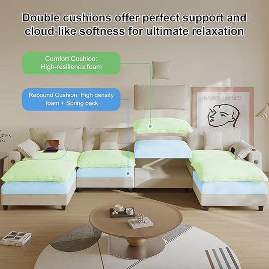 Cloud Couch, Modular Sectional Sofa with Ottoman, Charging Station, Throw Pillows, Cup Holders, Modern Convertible L Shaped Couches for Living Room, Bedroom (White, 152"- U Shape)