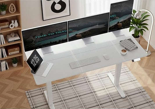 Seang Electric Height Adjustable Standing Desk, 55 x 24 Inch Sit-Stand Desk with T-Shaped Frame, 3 Memory Presets & Cable Management for Home Office Computer Workstation, White Frame/White Top