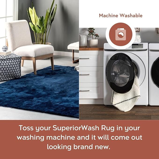 nuLOOM 4' Square Cozy Plush Area Rug, Machine Washable, Non-Slip, Soft Fluffy Shag Carpet for Living Room Bedroom Kids Room Nursery Home Decor, Loni Navy