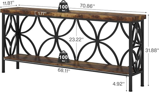 Tribesigns 70.9-Inch Narrow Sofa Table, 2-Tier Industrial Console Table Behind Couch, Long Entry Tables with Storage for Entryway, Living Room, Foyer, Hallway, Rustic Brown