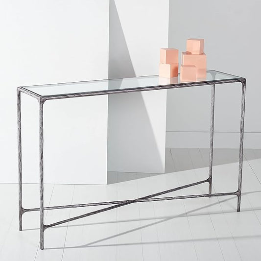 SAFAVIEH Couture Home Collection Jessa Silver Metal/Tempered Glass Top Entryway Living Room Rectangle Console Table (Fully Assembled)
