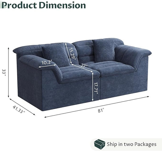 81" Sofa with Deep Seats Oversize, 2 Seater Cloud Couches, Upholstered Corduroy Loveseat for Living Room Bedroom, No Assembly Required, Blue