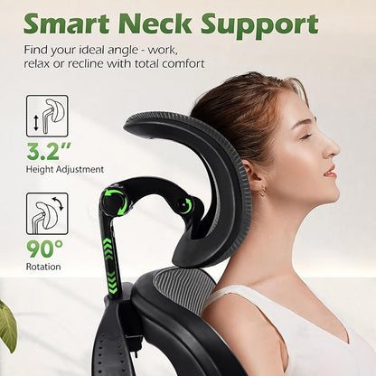 Office Chair Ergonomic Desk Chairs with Adjustable Lumbar Support& Headrest Hanger, High Back Breathable Mesh Chair with Wheels, Rolling Swivel Comfy Task Computer Chair for Home Work Gaming