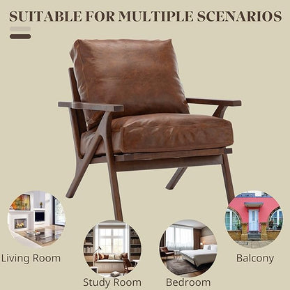 Wahson Brown Leather Accent Chair - Mid Century Modern Retro Upholstered Armchair with Wood Frame and Removable PU Cushions - Large Compfy Leisure Slipper Chair for Living Room/Bedroom (Set of 2)