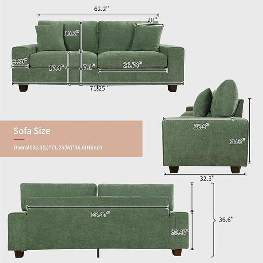 DOPEDIO Modern Loveseat Sofa for Living Room,Chenille Recliner, Removable Cover, Spring Cushions, Solid Wood Frame, Easy Assembly for Small Spaces (71.25inch，Green)