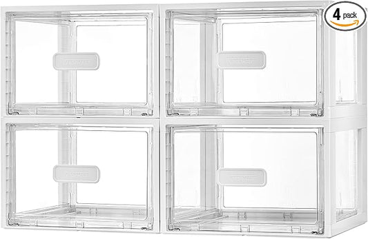 Vtopmart 4 Pack 18QT White Stackable Storage Drawers,Easily Assemble Acrylic Closet Organizers,Plastic Storage Bins for Bathroom,Cabinet,Kitchen Pantry,Under Sink Organization