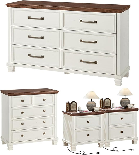Farmhouse Bedroom Dresser and Nightstand Set of 4, 6 Drawer Low & 5 Drawers Dresser & 2 Drawer Nightstand Set, Rustic Wood Bedroom Furniture Set for Livingroom, Hallway, White