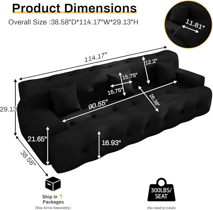 114'' Oversized Sectional Couches for Living Room Boneless Modular Sectional Sofa Plush Cloud Modular Couch Modern Sectionals with Deep Seat, No Assembly Required, 3 Seater, Black