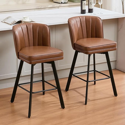Swivel Counter Height Bar Stools Set of 4, 30'' Modern Barstools with Backs and Metal Legs, Upholstered Bar Chairs, Faux Leather Dark Brown Stools for Kitchen Island Chairs