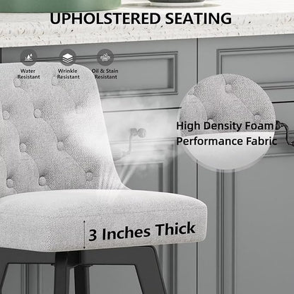 MINCETA Bar Stools Set of 2, 26 Inch Upholstered Barstools with Low Tufted Back and Footrest, Swivel Counter Height Barstools for Kitchen Island Home Bar Performance Fabric Greige