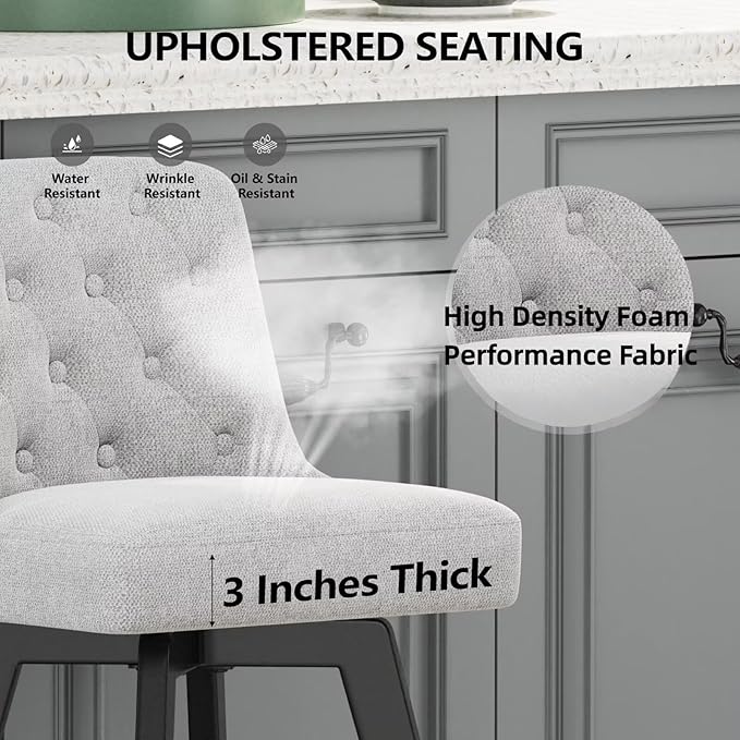 MINCETA Bar Stools Set of 4, 26 Inch Upholstered Barstools with Low Tufted Back and Footrest, Swivel Counter Height Barstools for Kitchen Island Home Bar Performance Fabric Greige