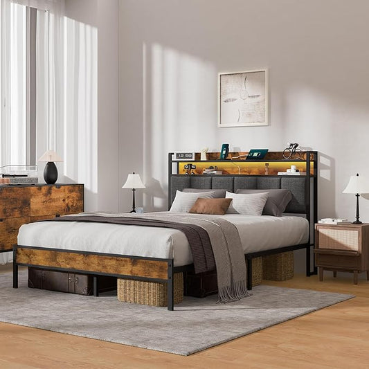 Z-hom Queen Bed Frames, Queen Bed Frame with 2-Tier Storage Upholstered Headboard, Metal Platform with USB Charging Station & LED Lights, Noise Free, No Box Spring Needed, Easy Assembly, Vintage Brown