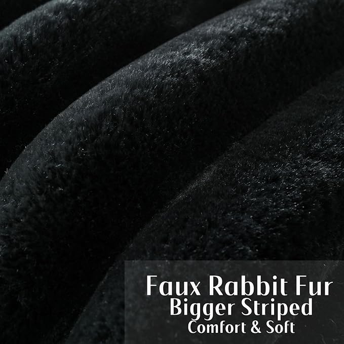 FUTEI Black Decorative Throw Pillow Covers 22x22 Inch Set of 2, Square Soft Faux Rabbit Fur Thick Striped Cushion Cover,Winter Home Decor for Couch Bed Living Room
