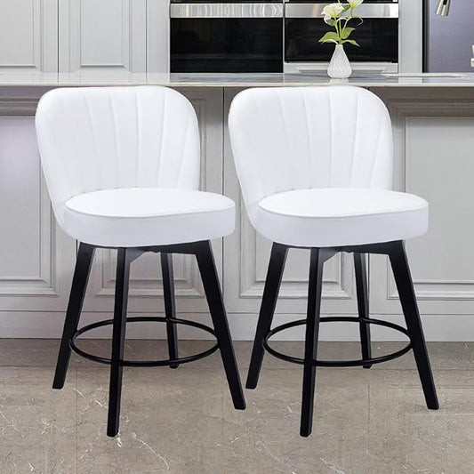 MINCETA Bar Stools Set of 2, PU Leather Barstools, 26 Inch Upholstered Counter Stools with Backrest and Footrest, Swivel Counter Height Barstools for Kitchen Island Home Bar White