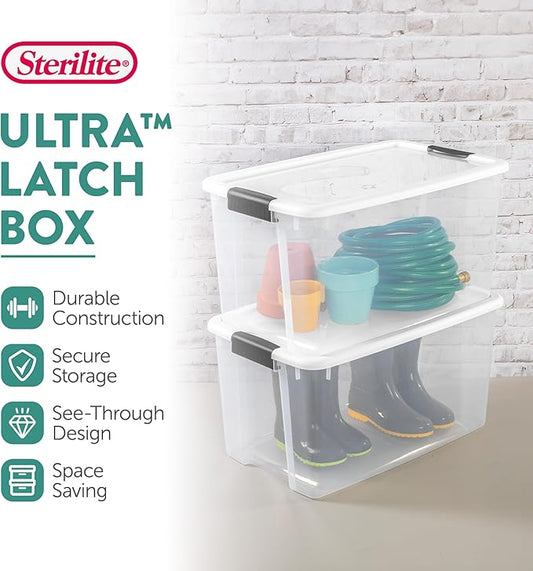 Sterilite 20-Pack Ultra Latching Box, Storage Bins with Lids, Clear Plastic, 70 Quart - Heavy-Duty Organizing Containers for Closet, Bathroom, and Office