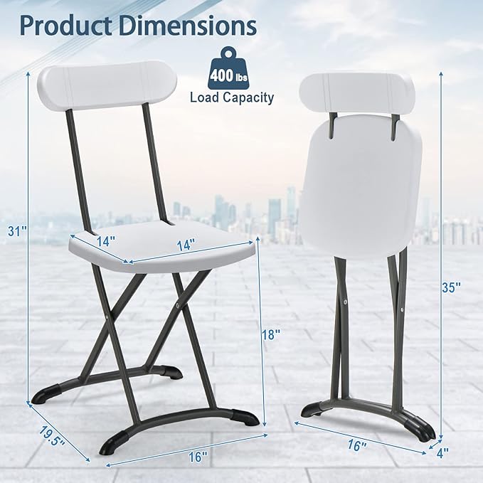 GYMAX Folding Chair, 400lbs Plastic Chairs Set with Steel Frame & Ergonomic Curved Back, Indoor & Outdoor Commercial Event Seat for Meeting, Wedding, Stackable Lightweight Folding Chairs (10, White)