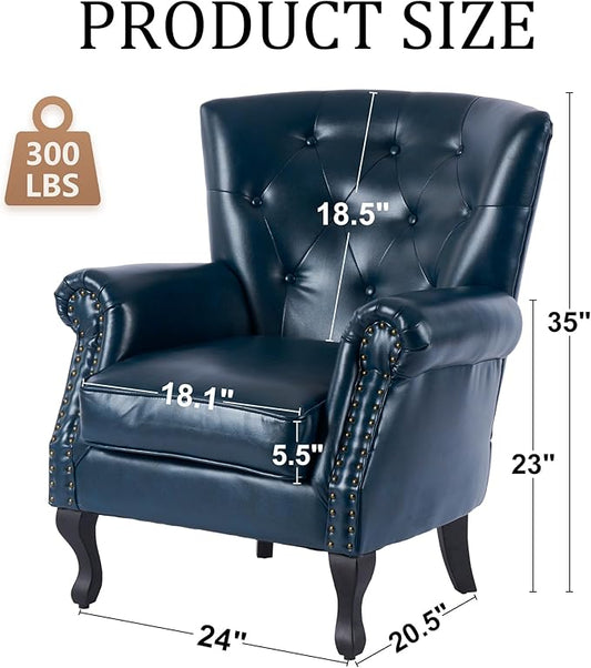 Modern Accent Chair Set of 2, Mid-Century PU Leather Armchair with Solid Wood Legs, Single Sofa Chair for Living Room, Bedroom, Leisure Room, or Reading Room(Navy)