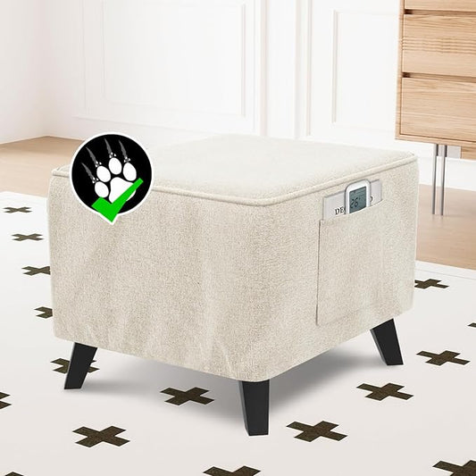 H.VERSAILTEX Thick Ottoman Cover Durable Linen Look Storage Ottoman Slipcover Footrest Stool Covers with Storage Side Pocket for Square Ottoman Fit Length 18"-19" Footrest - Heather Ivory