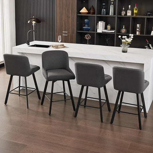 Swivel Counter Height Bar Stools Set of 6, 26''H Upholstered Barstools with Backs, Modern Bar Stool Chairs for Kitchen Island, Metal Legs, Fabric, Black Grey Stools Counter Chair