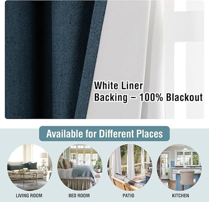 H.VERSAILTEX Primitive Linen Blackout Curtains with Burlap Fabric and White Thermal Insulated Liner, Grommet Top Curtains for Living Room/Bedroom (2 Panels, 42 x 54 Inch, Navy)