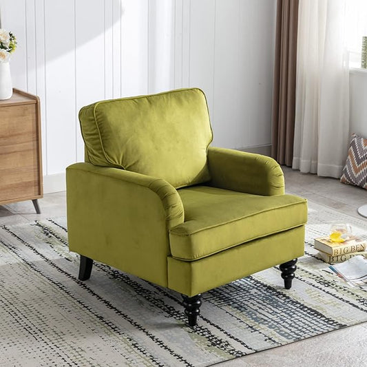 Velvet Upholstered Accent Chairs Set of 2 Modern Single Sofa Chair with Thick Removable Back Cushion and Black Printed Legs Armchair for Living Room/Bedroom/Reading, Olive Green