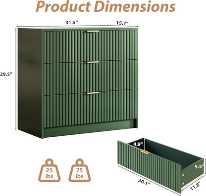 3-Piece Dresser Bedroom Set, 7 Drawer Dresser & 3 Drawer Nightstands with Gold Handles, Fluted Wood Chest of Drawers for Bedroom, Living Room, Entryway, Green