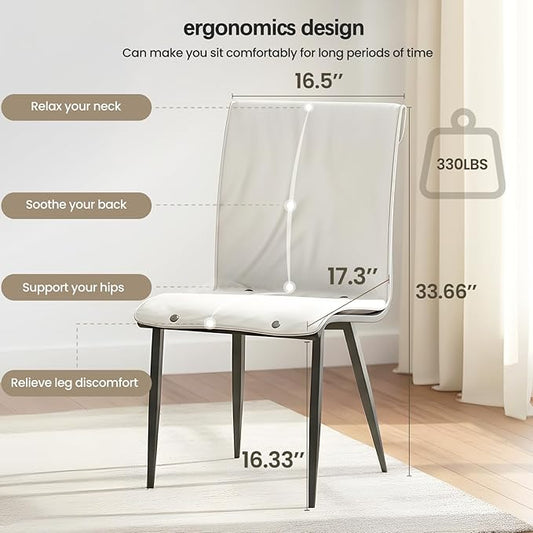 Dining Chair Set Of 2 White Kitchen Dining Room Chairs Comfortable Upholstered Faux Leather Chair Set Sturdy Metal Legs Comfy Back Armless Cushion Seat Non-slip Foot Pads For Restaurant Living Room