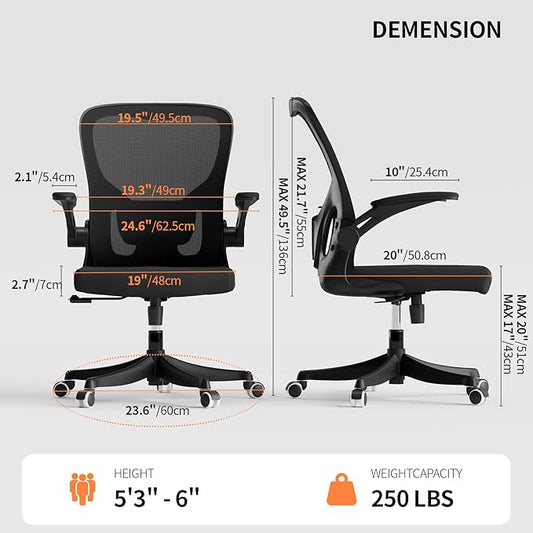 Monhey Ergonomic Office Chair with Lumbar Support, Adjustable Height, 2D Flip-up Arms, Breathable Black Mesh, Comfortable Desk Chair Chair for Home, Office, Study & Gaming