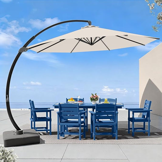 7 Piece Patio Dining Set with 11ft Patio Umbrella (Cream-White), 7 Navy Outdoor HDPE Dining Set with 6 Chairs + 1 Large Table, for Market, Pool, Garden, Backyard, Deck