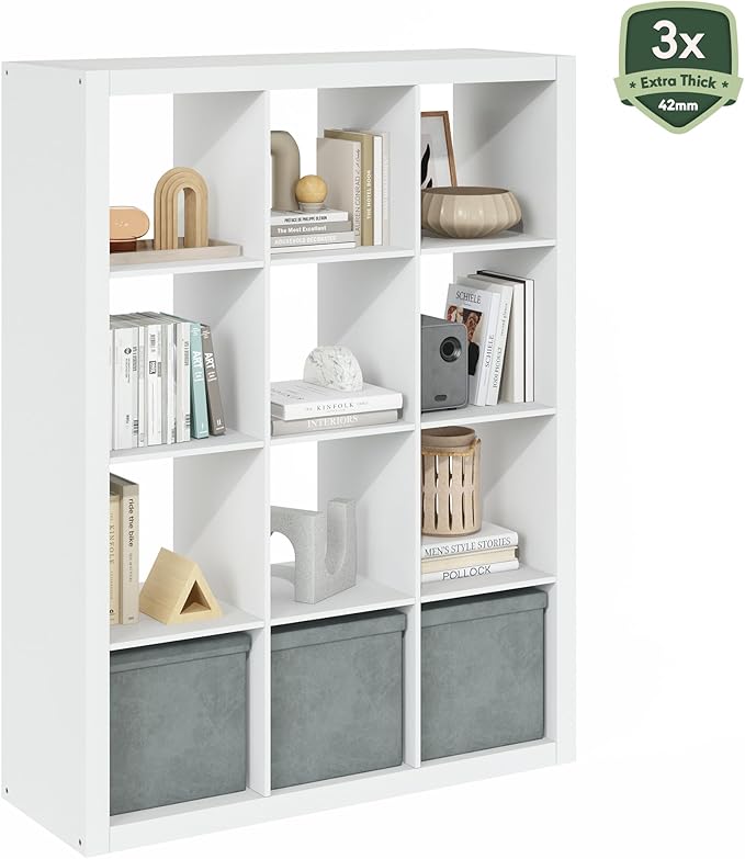 Furinno Cubicle Book Shelf, 12-Cube Bookshelf, Triple Thick Frame Cube Storage Organizer, Bookcase, 15.4 x 57.4 x 43.4, for Home Office, Living Room, Plain White