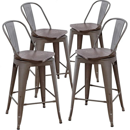 Aklaus Swivel Metal Bar Stools with Backs Counter Stools Set of 4 Counter Height Stools High Back Bar Chairs 26 Inch Barstools Farmhouse Rusty