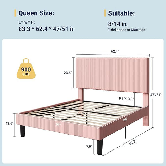 Allewie Queen Size Upholstered Bed Frame with Vertical Channel Tufted Headboard, Soft Corduroy Fabric Platform Bed, Strong Wooden Slats Support, Easy Assembly, No Box Spring Needed, Light Pink