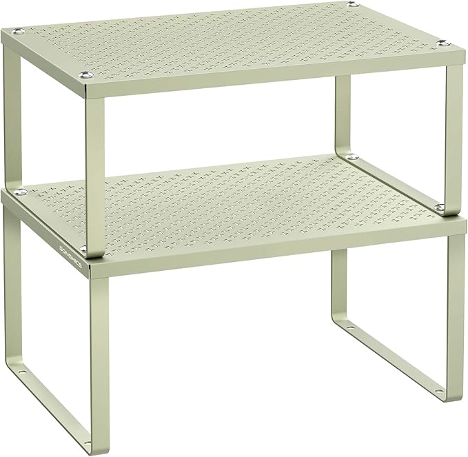 SONGMICS Spice Racks, Set of 2 Metal Cabinet Shelf Organizers, Countertop Organizers, Shelf Risers, Stackable, Expandable, Sage Green UKCS001C01
