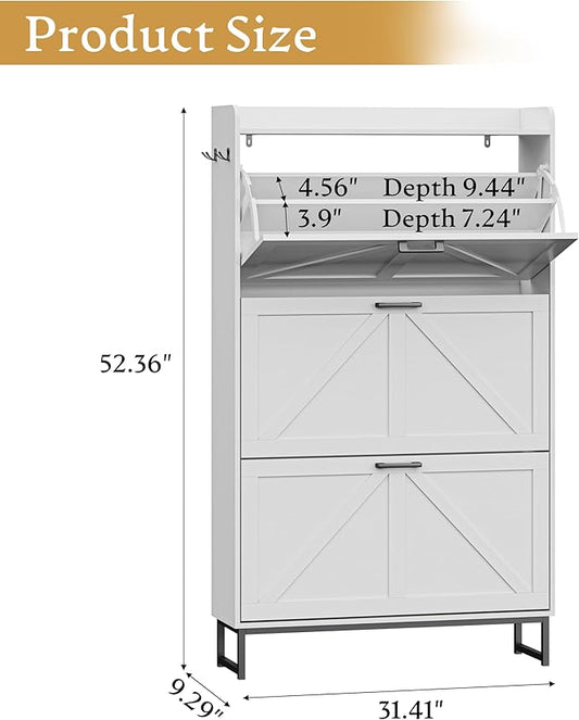Shoe Cabinet Storage for Entryway, Shoe Storage Cabinet with 3 Flip Drawers, Freestanding Narrow Shoe Rack Organizer with Metal Legs & Side Hook for Foyer, Hallway, White