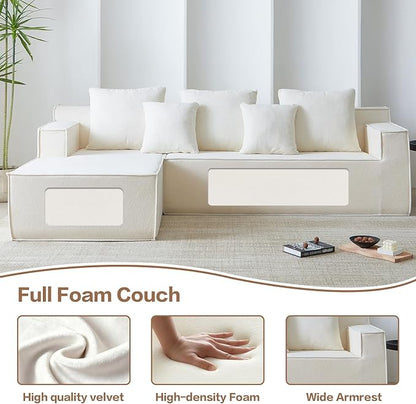 Boneless Couch Sectional, Comfy Memory Foam Sofa in a Box, Modern Cloud Couch with 5 Headrests, Comfy L-Shape Sofa for Living Room (White, Velvet)