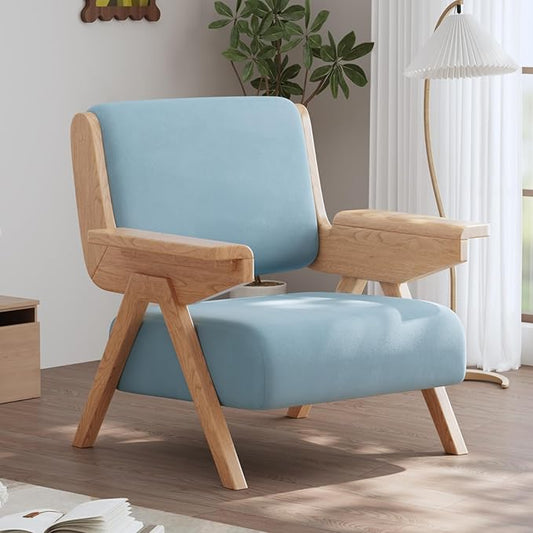 Mid Century Modern Accent Chair, Fabric Upholstered Lounge Arm Chair with Solid Wood Frame for Living Room, Bedroom, Office, Reading Corner (Blue, Single Chair)