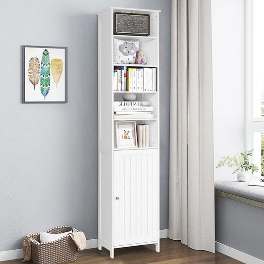 COSTWAY Bathroom Storage Cabinet, Freestanding Floor Cabinet with 3-Level Adjustable Shelves, Convenient Door & Knob, Narrow Tall Cabinet Organizer for Bathroom, Living Room, Kitchen (White)