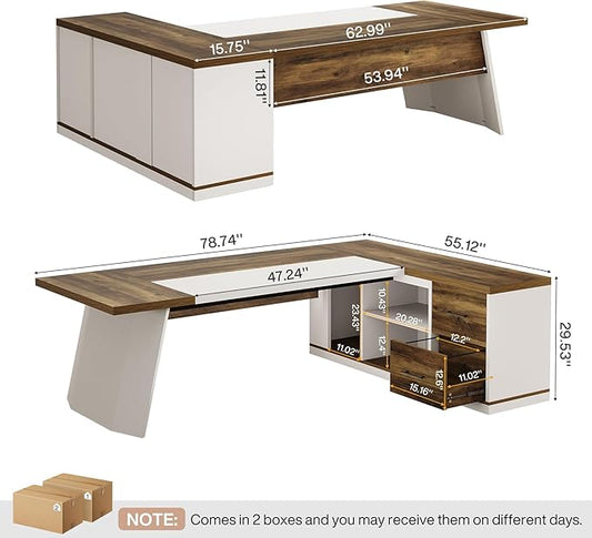 Tribesigns 78.7" L-Shaped Executive Desk, Modern Office Desk with 55.1" Storage Cabinet, Large Computer Table with Drawers and Shelves, Business Furniture Workstation for Home Office, Brown & White