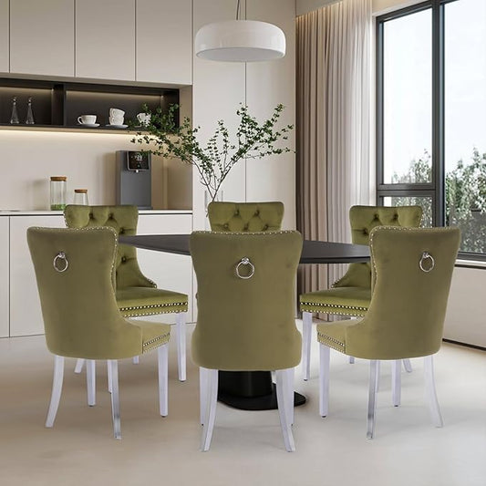 Velvet Upholstered Dining Chairs Set of 8, Modern Kitchen Side Chairs with Nailhead Trim and Silver Plated Leg, Metal Pulling Ring for Dining Room Living Room(Olive Green-Silver Plated Leg)