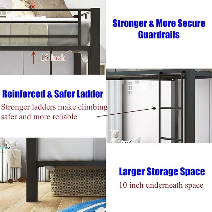Higher Quality & Stronger Heavy Duty Steel Black Bunk Bed Queen Over Queen Size Bunkbed, Thickened More Stable Safer Metal Bunk Bed (Easier to Assemble)