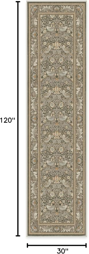 RUGGABLE x Morris & Co Machine Washable Runner Rug – Strawberry Thief Stone Gold 2.5x10, Stain-Resistant, Non-Slip – Washable Rug for Hallway, Entryway, Living Room & Kitchen–with Standard Pad